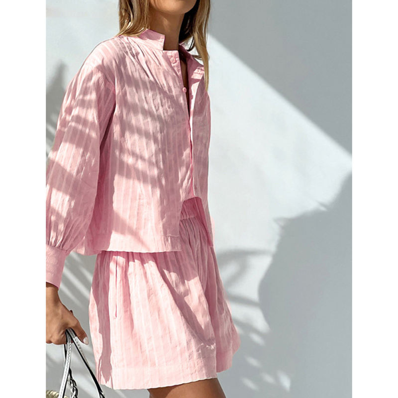 Pink Jacquard 100%Cotton Button Shirt and Shorts Set TQF711024-10