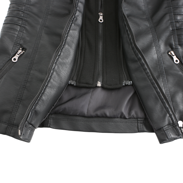 Black Removable Hooded Washed PU Leather Jacket TQK280096-2