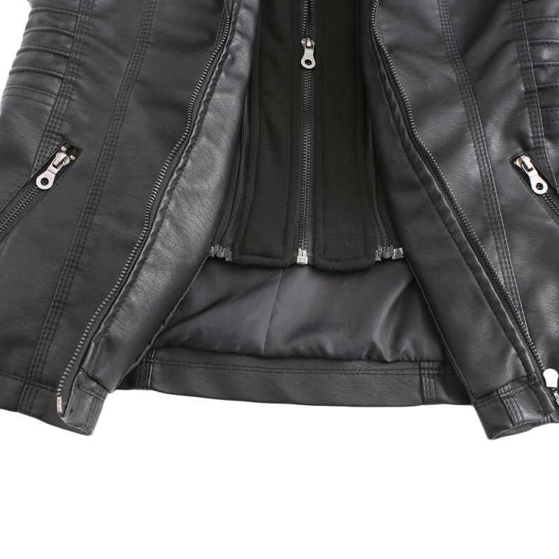 Black Removable Hooded Washed PU Leather Jacket TQK280096-2