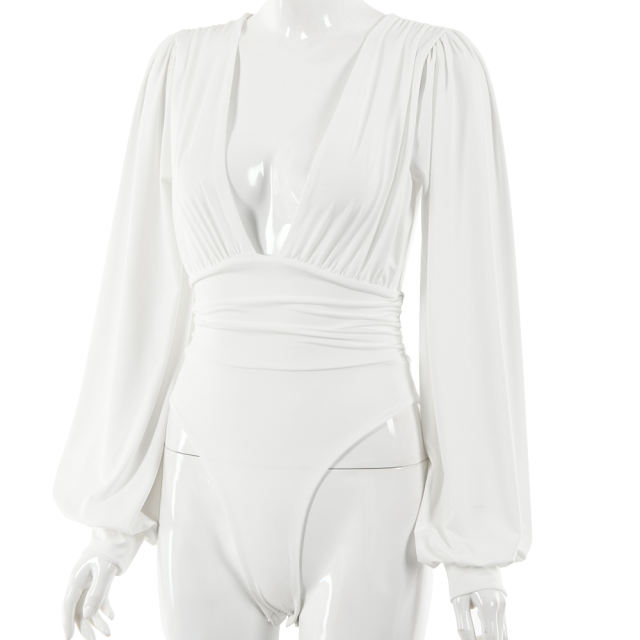 White Deep V Neck Pleated Long Sleeve Bodysuit TQK550214-1