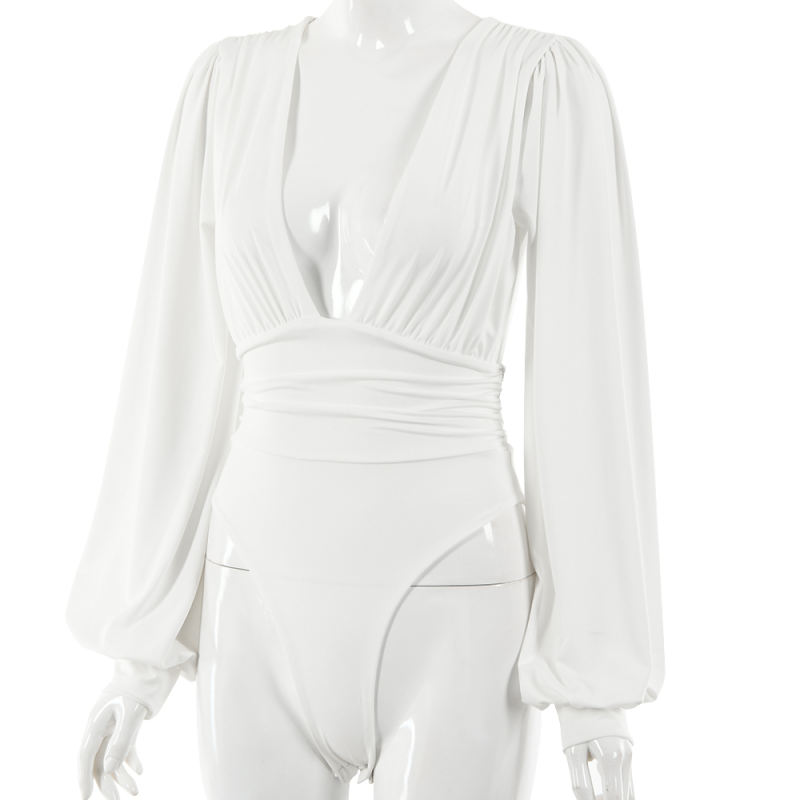White Deep V Neck Pleated Long Sleeve Bodysuit TQK550214-1