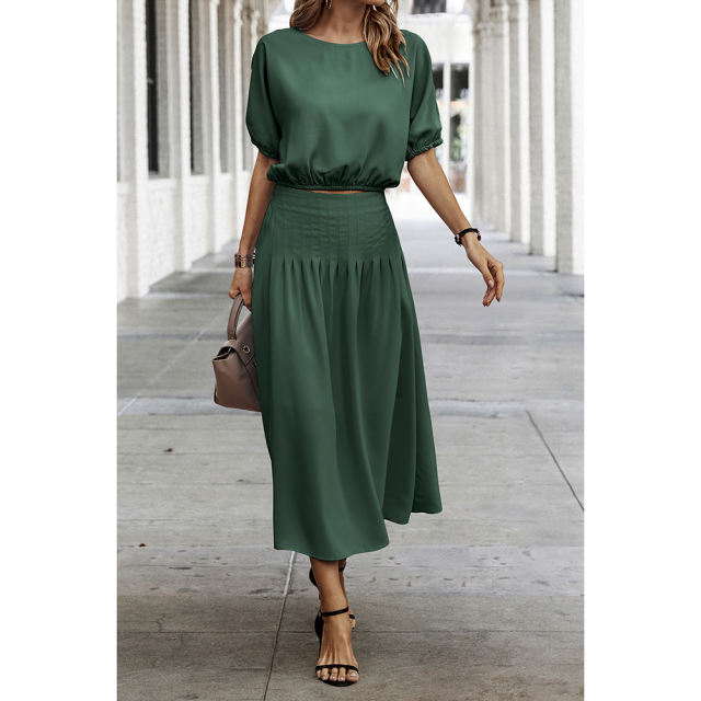Dark Green Pleated Crop Top with Skirt Set TQX711094-36