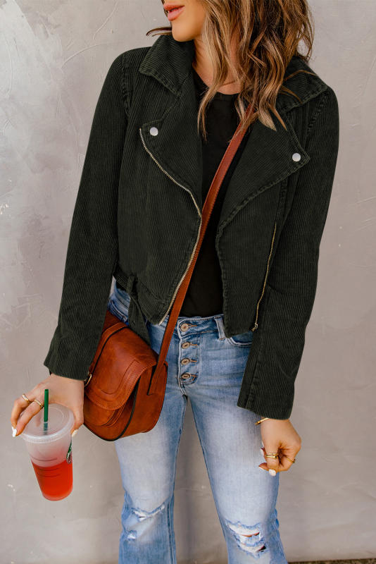Buckle Belted Zip Up Corduroy Jacket LC8512435-9