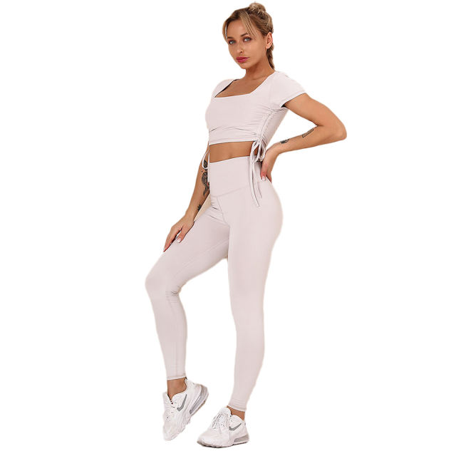 Light Gray Sides Drawstring Short Sleeve Yoga Pant Set TQK710243-25
