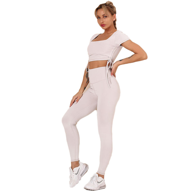 Light Gray Sides Drawstring Short Sleeve Yoga Pant Set TQK710243-25