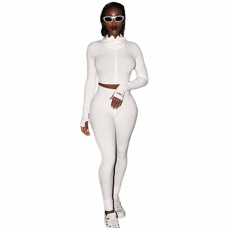 White Cotton Blend Zipper Datail Long Sleeve Top with Pant Set TQK710132-1