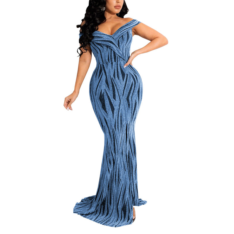 Light Blue Shiner V-Neck Fishtail Evening Dress TQK311174-30