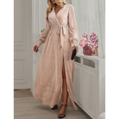 Champagne Sequin V Neck High Split Maxi Dress TQK311352-53