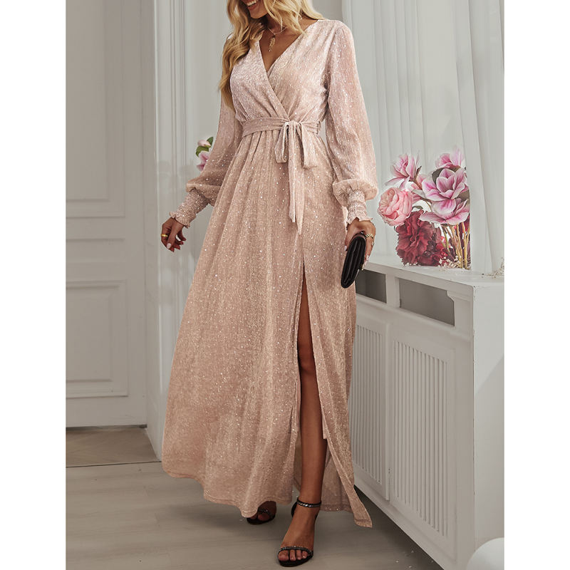 Champagne Sequin V Neck High Split Maxi Dress TQK311352-53