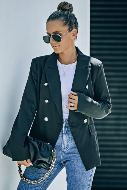 Black Double Breasted Lapel Collar Pocketed Blazer LC852396-2