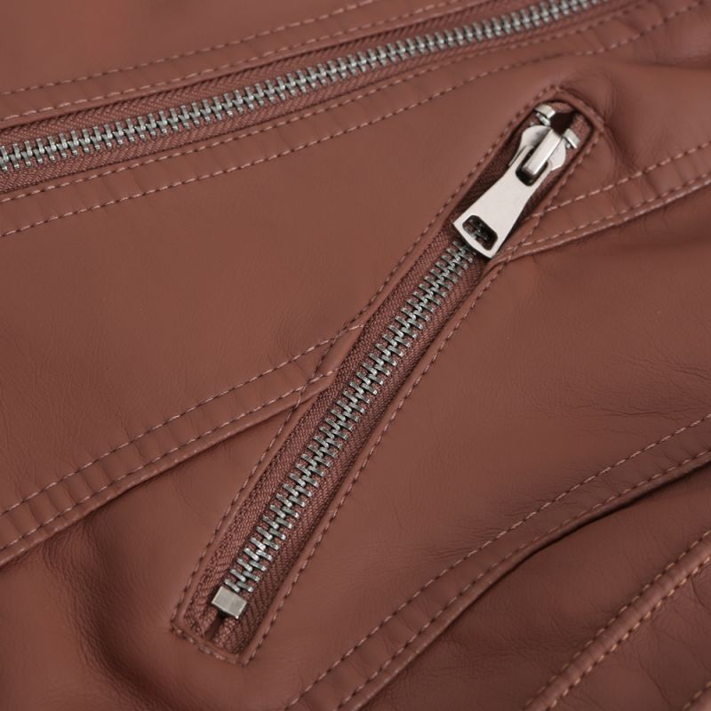 Coffee Zipper Slim Fit Motorcycle PU Leather Jacket TQK280090-15
