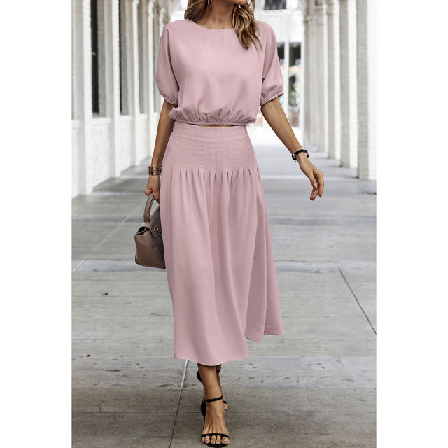 Pink Pleated Crop Top with Skirt Set TQX711094-10