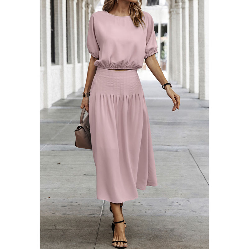 Pink Pleated Crop Top with Skirt Set TQX711094-10