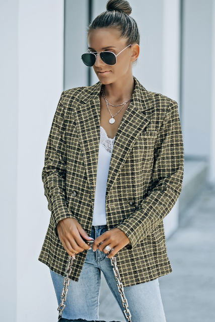 Black Plaid Double Breasted Lapel Collar Blazer LC852395-2