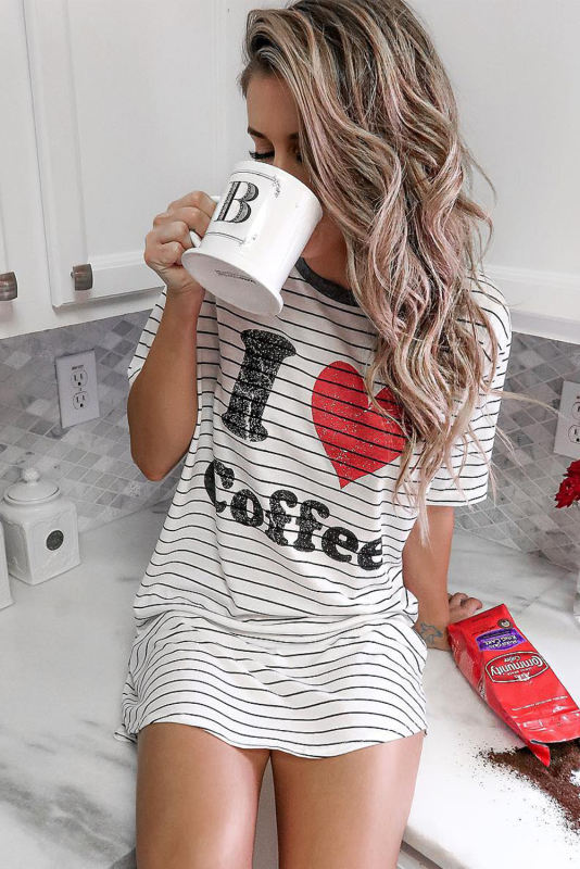 I Love Coffee Graphic Striped Pajamas Dress LC454085-1
