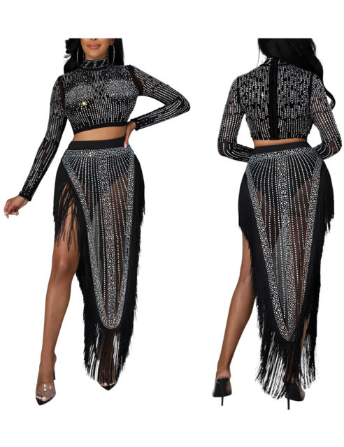 Black Rhinestone Long Sleeve Crop Tops and Tassels Skirt Set TQV810016-2