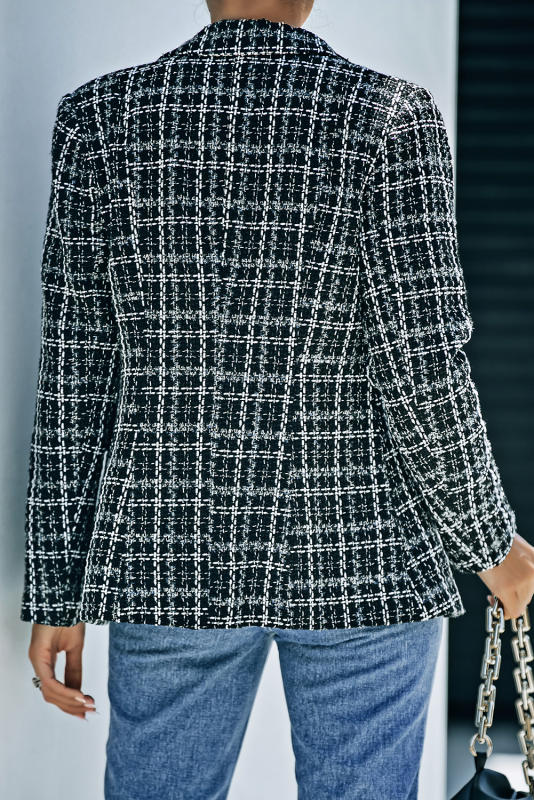 Black Lapel Collar Plaid Tweed Double Breasted Blazer LC852400-2