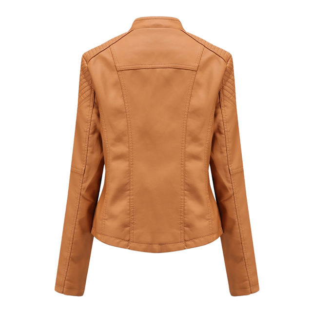 Camel Zipper Slim Fit Motorcycle PU Leather Jacket TQK280090-58