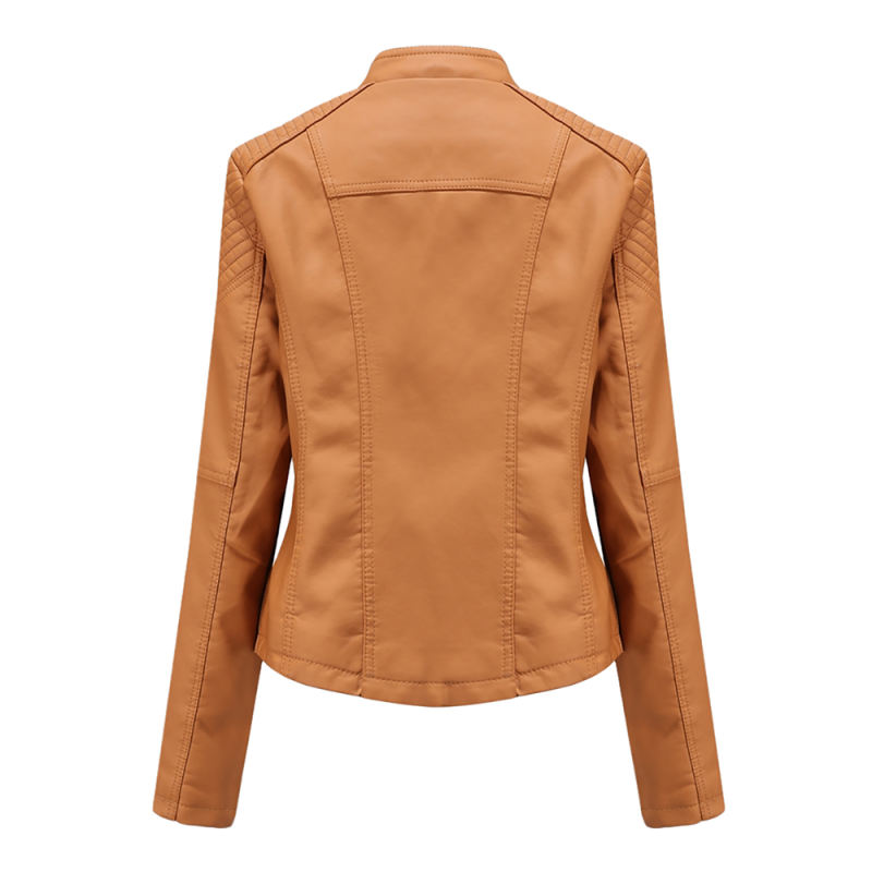 Camel Zipper Slim Fit Motorcycle PU Leather Jacket TQK280090-58