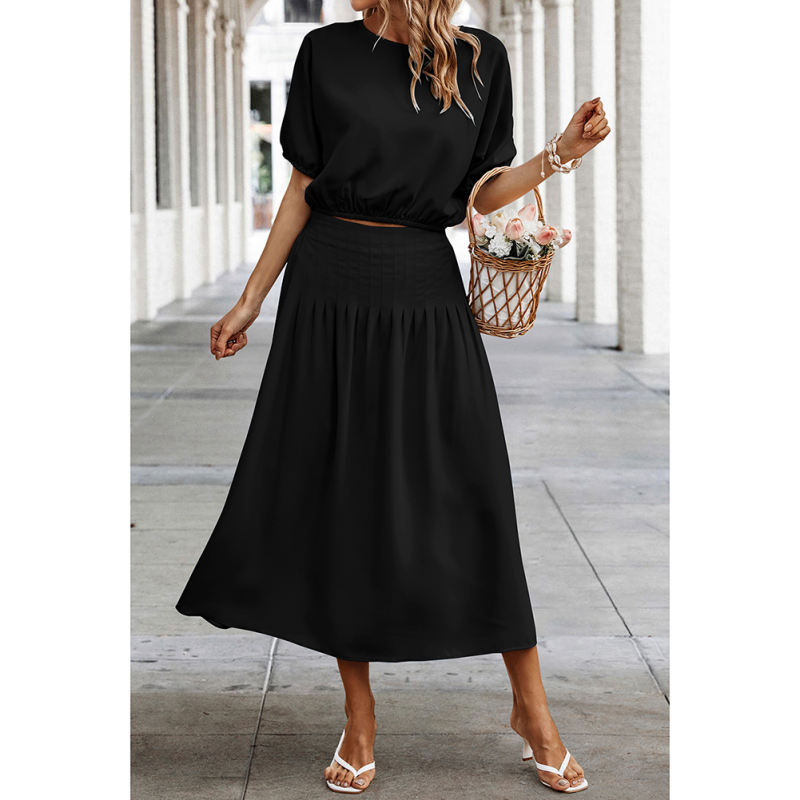 Black Pleated Crop Top with Skirt Set TQX711094-2