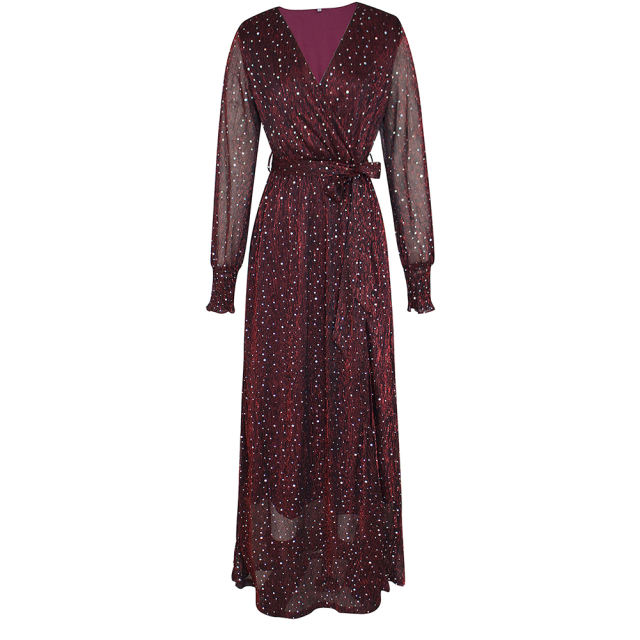 Burgundy Sequin V Neck High Split Maxi Dress TQK311352-23