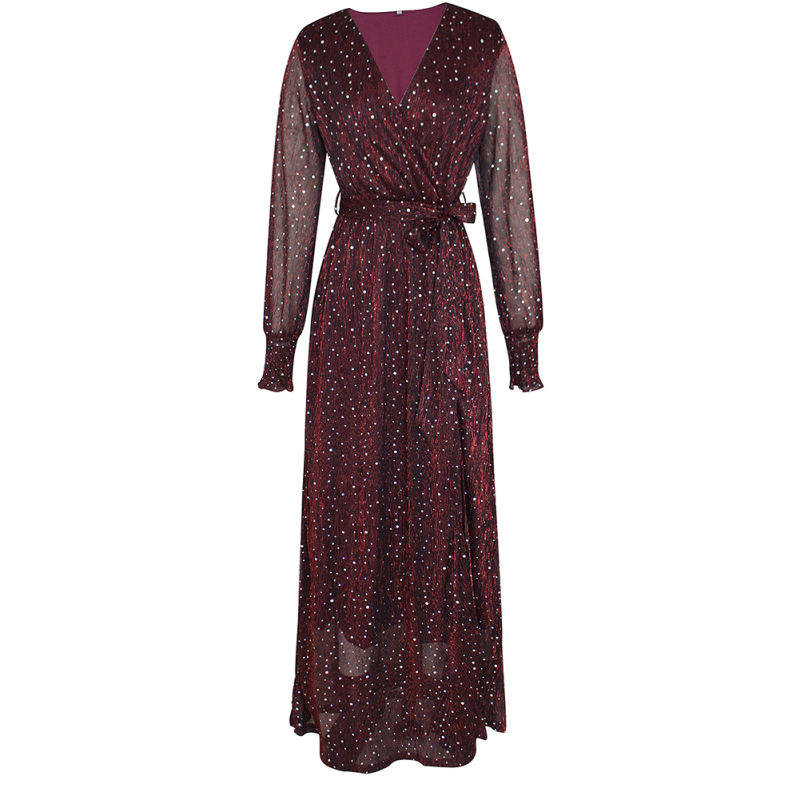 Burgundy Sequin V Neck High Split Maxi Dress TQK311352-23