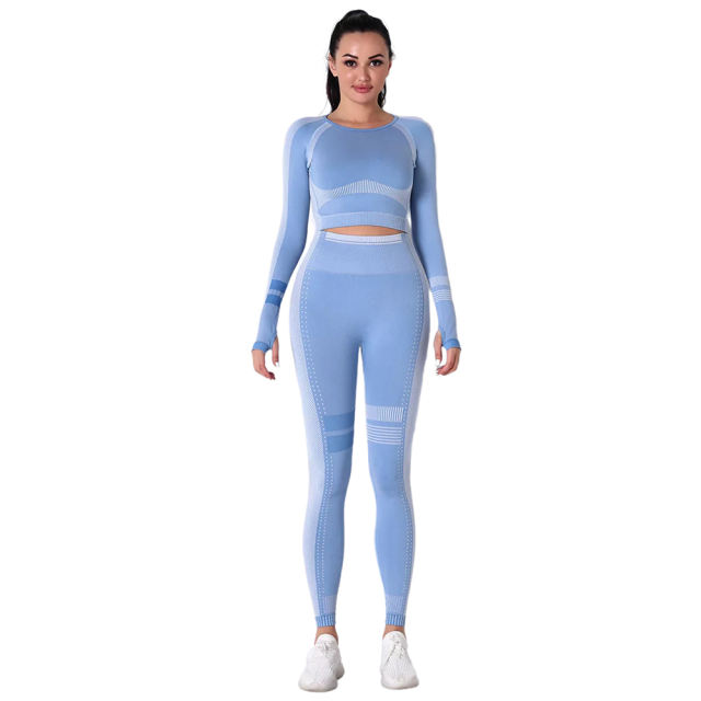 Light Blue Seamless Knit Long Sleeve Pant Yoga Set TQE91372-30