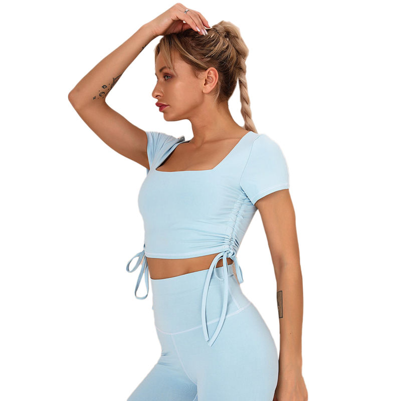 Light Blue Sides Drawstring Short Sleeve Yoga Pant Set TQK710243-30