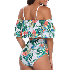 Light Green Floral Print High Waist Bikini Swimsuit