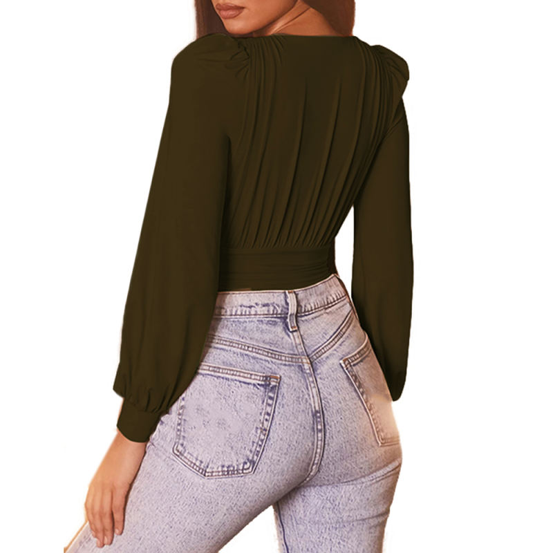 Army Green Deep V Neck Pleated Long Sleeve Bodysuit TQK550214-27