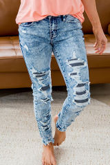 Sky Blue Striped Patchwork Distressed Slim-fit Jeans LC782249-4