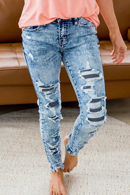 Sky Blue Striped Patchwork Distressed Slim-fit Jeans LC782249-4
