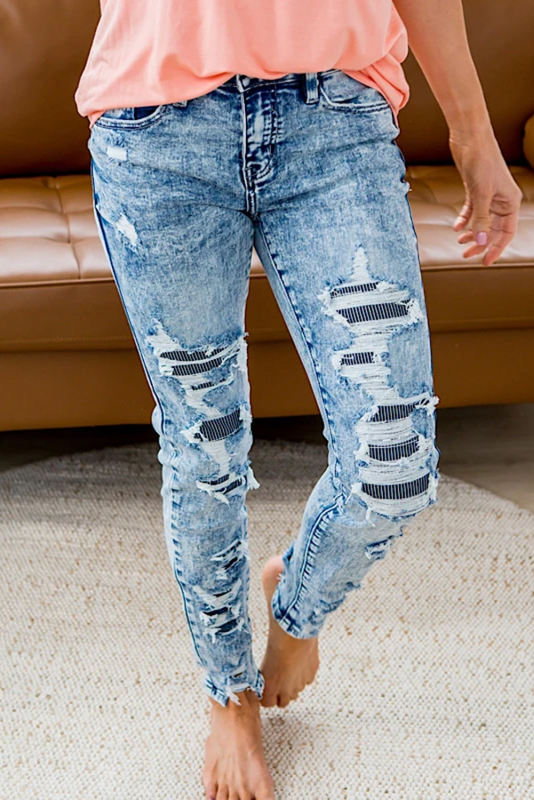 Sky Blue Striped Patchwork Distressed Slim-fit Jeans LC782249-4