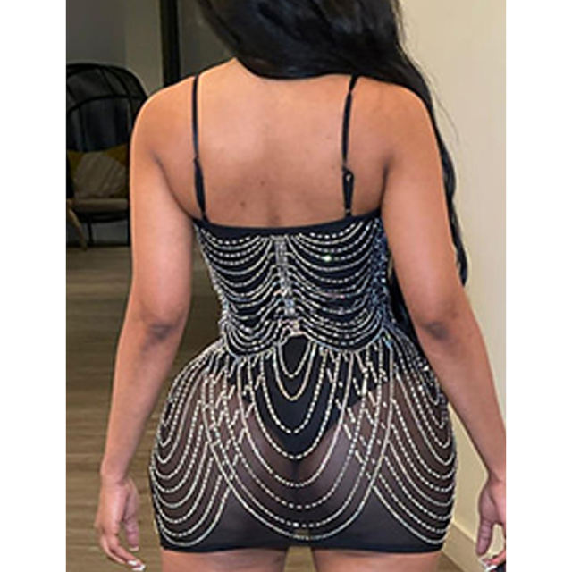 Black Padded Rhinestone Studded Mesh Sling Bodycon Dress TQK311158-2