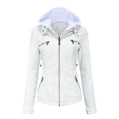 White Removable Hooded Washed PU Leather Jacket TQK280096-1