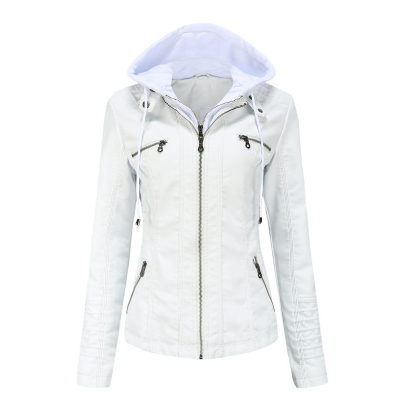 White Removable Hooded Washed PU Leather Jacket TQK280096-1