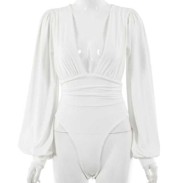 White Deep V Neck Pleated Long Sleeve Bodysuit TQK550214-1