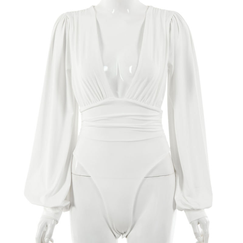 White Deep V Neck Pleated Long Sleeve Bodysuit TQK550214-1