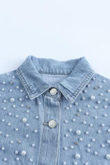 Sky Blue Rhinestone Pearls Denim Shacket LC788118-4