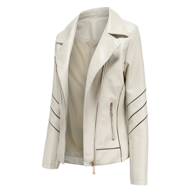 Beige Turn Down Slim Fit PU Leather Jacket TQK280095-46