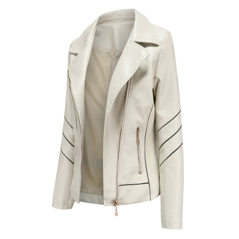 Beige Turn Down Slim Fit PU Leather Jacket TQK280095-46