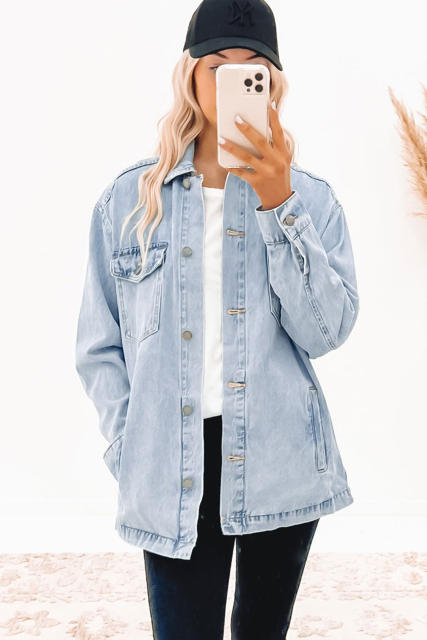 Sky Blue Acid Wash Flap Pocket Boyfriend Shacket  LC788148-4