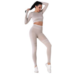 Khaki Seamless Knit Long Sleeve Pant Yoga Set TQE91372-21