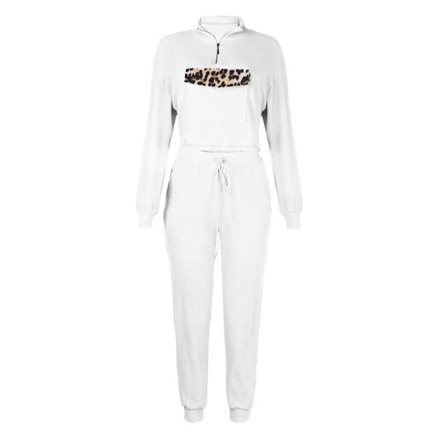 White Zipper Up Leopard Detail Sweatshirt with Pant Set TQK710222-1