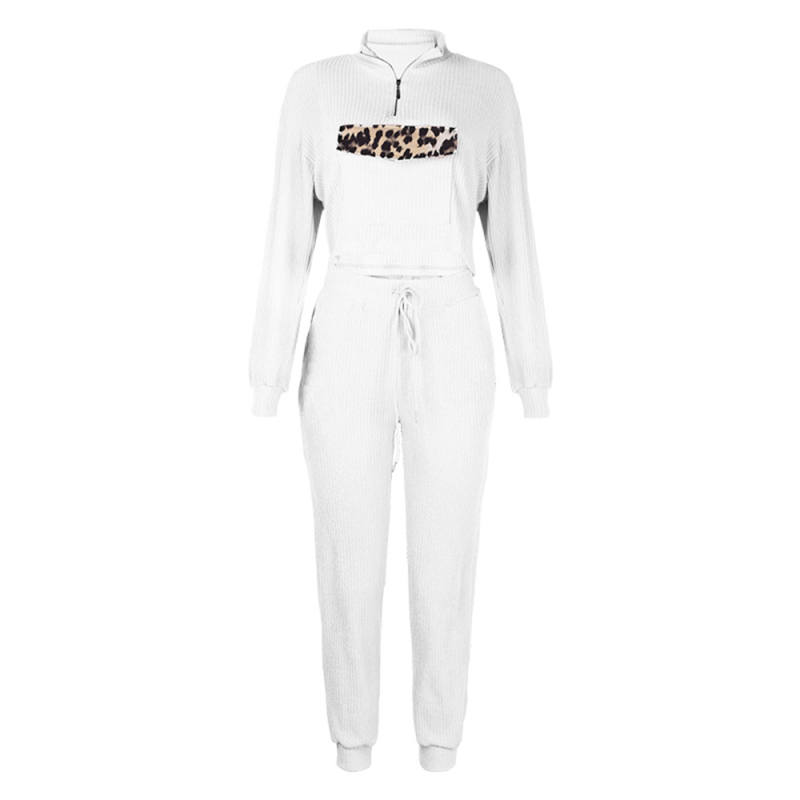 White Zipper Up Leopard Detail Sweatshirt with Pant Set TQK710222-1