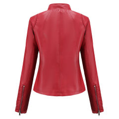 Red Zipper Pockets Long Sleeve PU Leather Jacket TQK280093-3