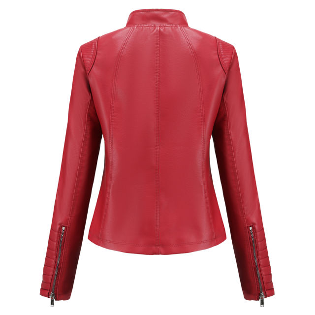 Red Zipper Pockets Long Sleeve PU Leather Jacket TQK280093-3