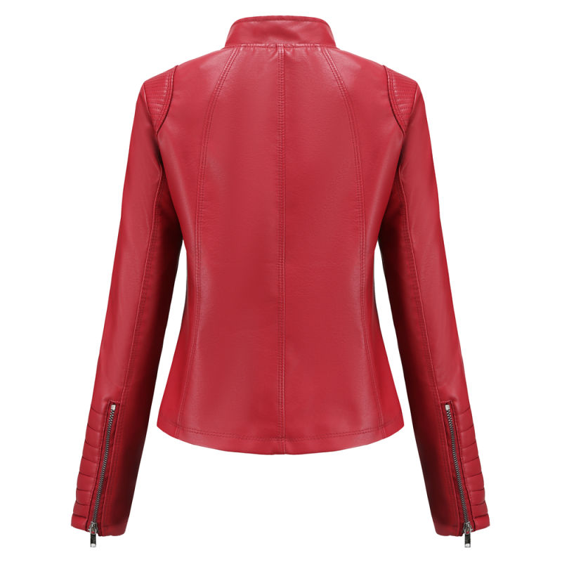 Red Zipper Pockets Long Sleeve PU Leather Jacket TQK280093-3