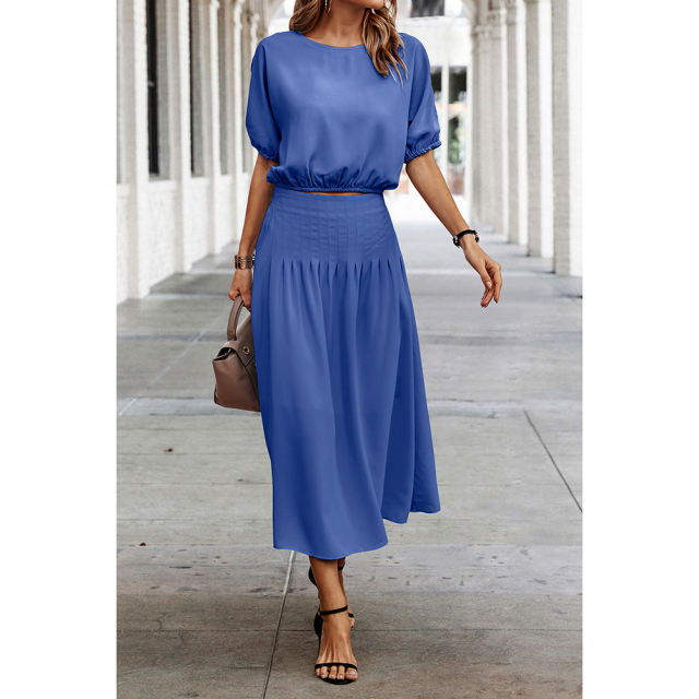 Blue Pleated Crop Top with Skirt Set TQX711094-5