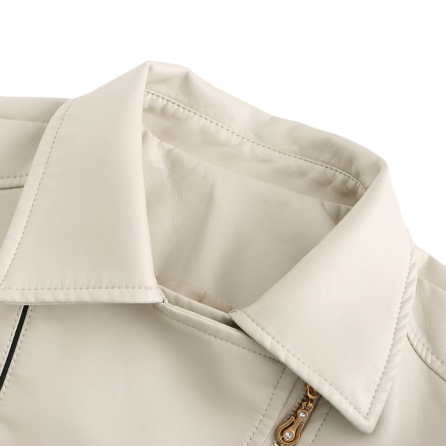 Beige Turn Down Slim Fit PU Leather Jacket TQK280095-46